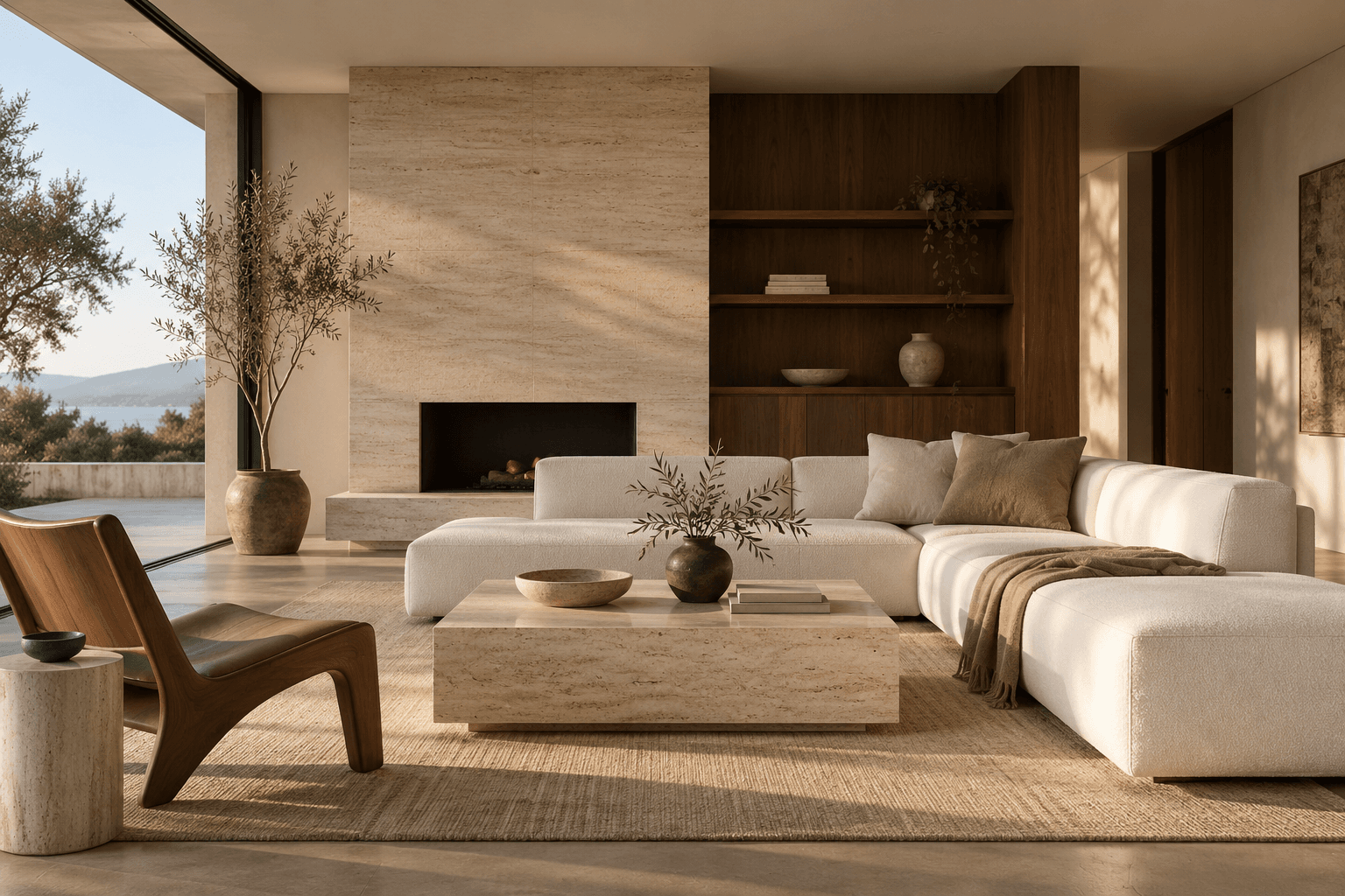 Contemporary living room with natural stone, walnut, and soft neutral furniture